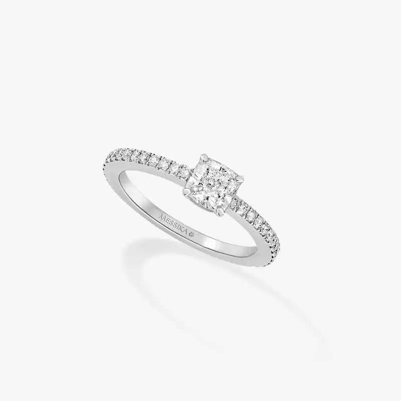 Solitaire Cushion Cut Pavé White Gold For Her Diamond Ring 08006-WG