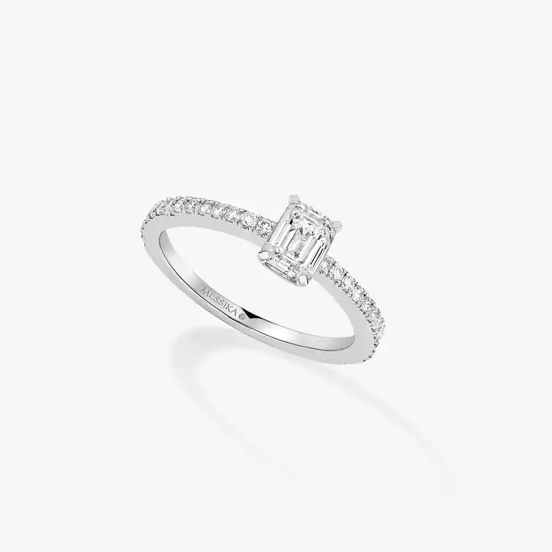 خاتم امرأة ذهب أبيض الماس Solitaire Emeraude Pavé 08010-WG
