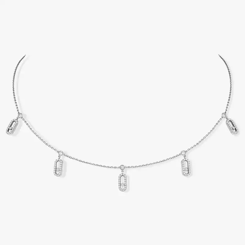 Collier Femme Or Blanc Diamant Choker Move Uno Pampille Pavé 12150-WG