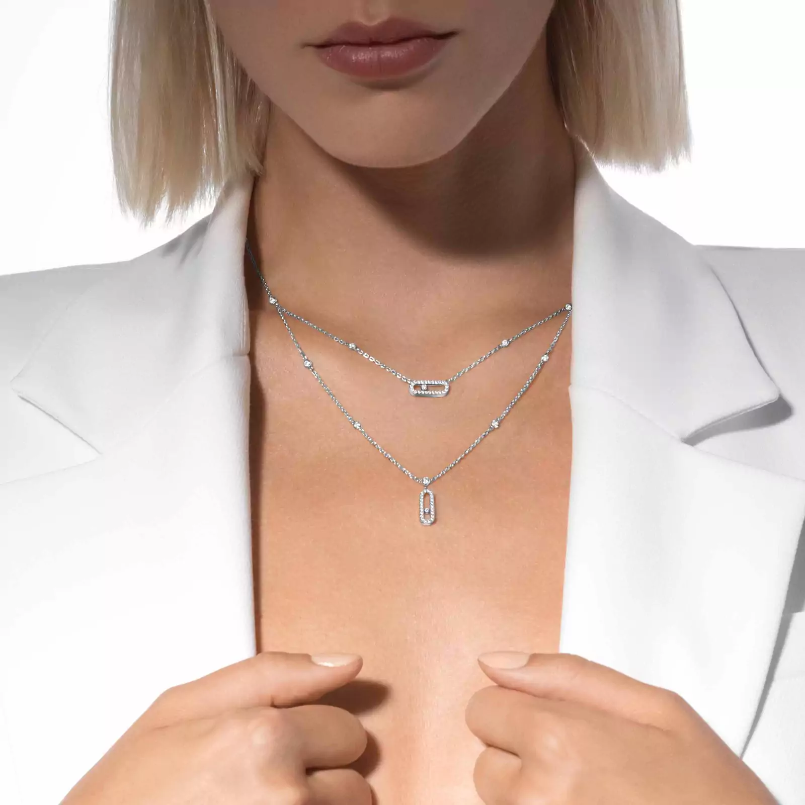 Collar Mujer Oro blanco Diamante Move Uno 2 Cadenas Pavé 07174-WG